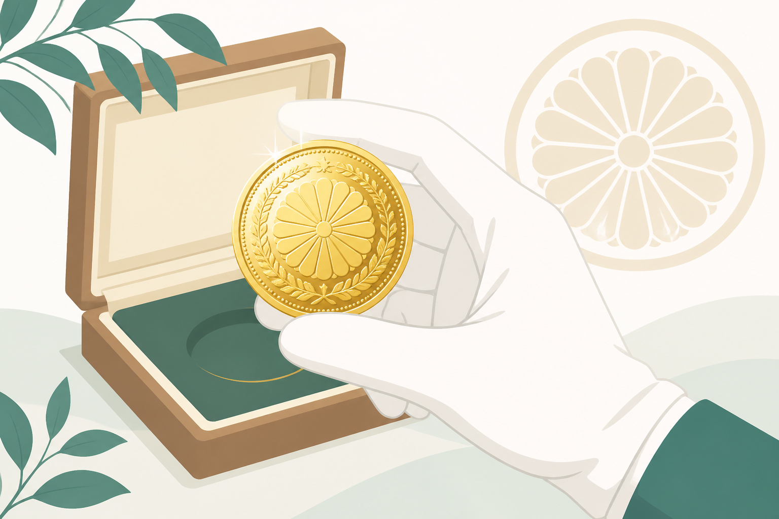 皇室記念金貨を手袋で持つイメージ画像
